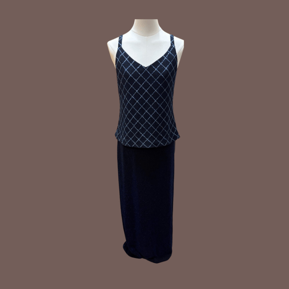 Alex Evenings Metallic Gown | Navy Blue Silver | Size 10P | Vintage